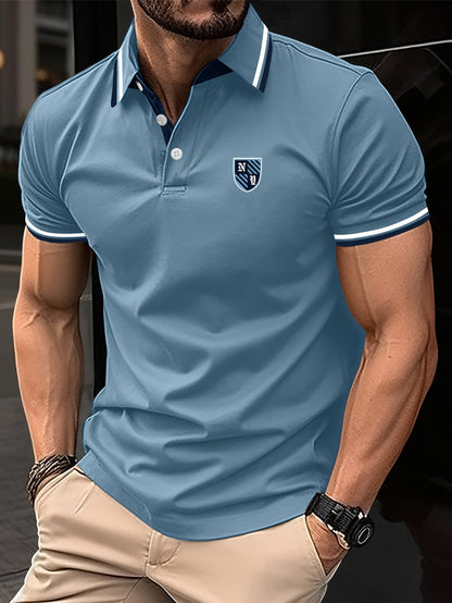 Polo para hombre estilo casual universitario con detalles en contraste y bordado – manga corta para uso diario y tiempo libre
