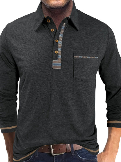 Herren Langarm Poloshirt mit Knopfleiste und Brusttasche