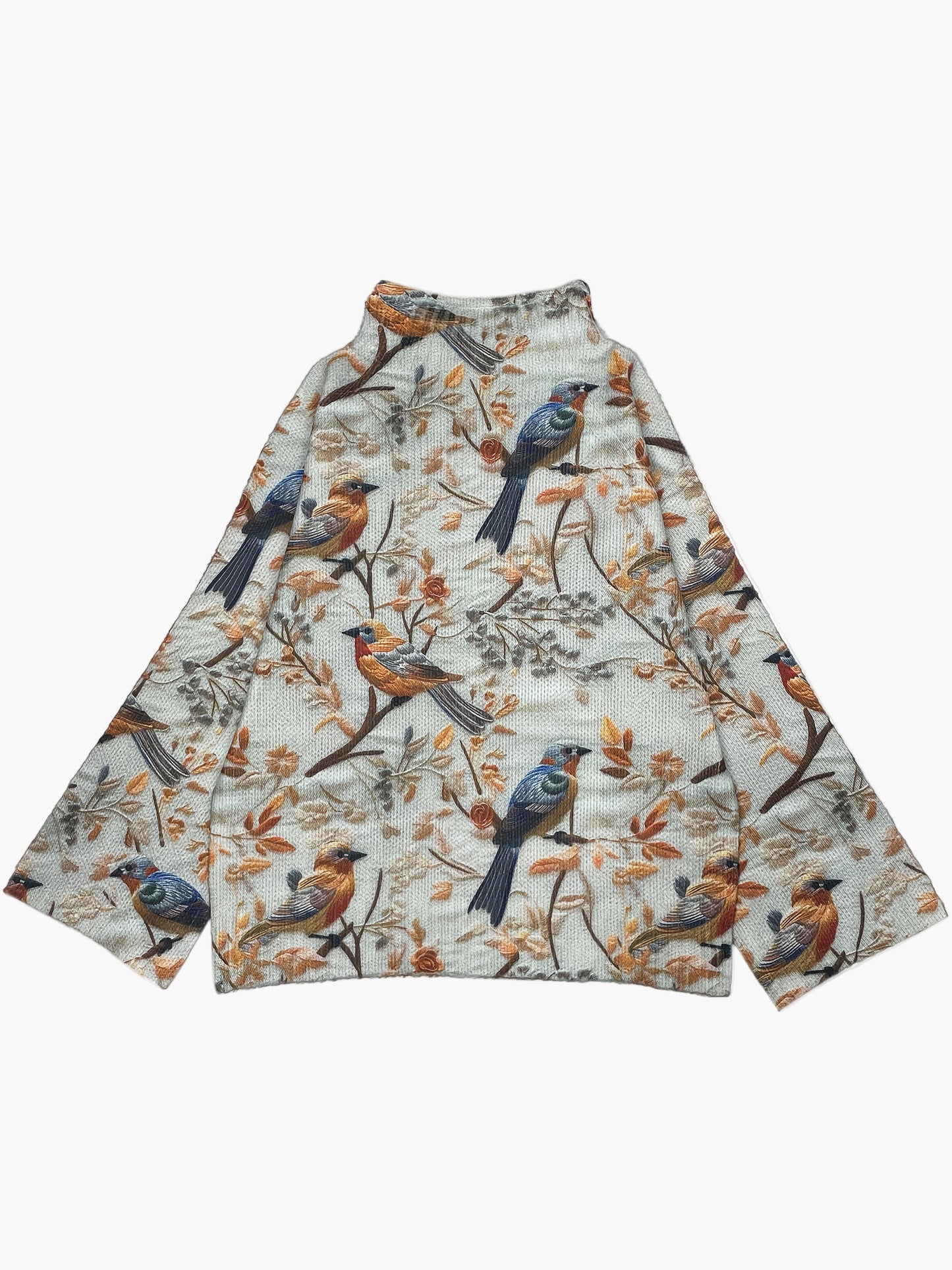 Damegenser med fugleprint og høy krage – Elegant høst/vinter-look