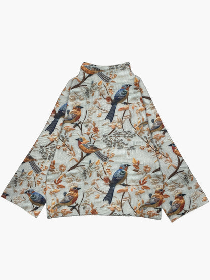 Damegenser med fugleprint og høy krage – Elegant høst/vinter-look