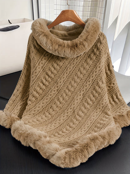 Strickponcho Damen mit Kunstfellbesatz Zopfmuster Kapuze