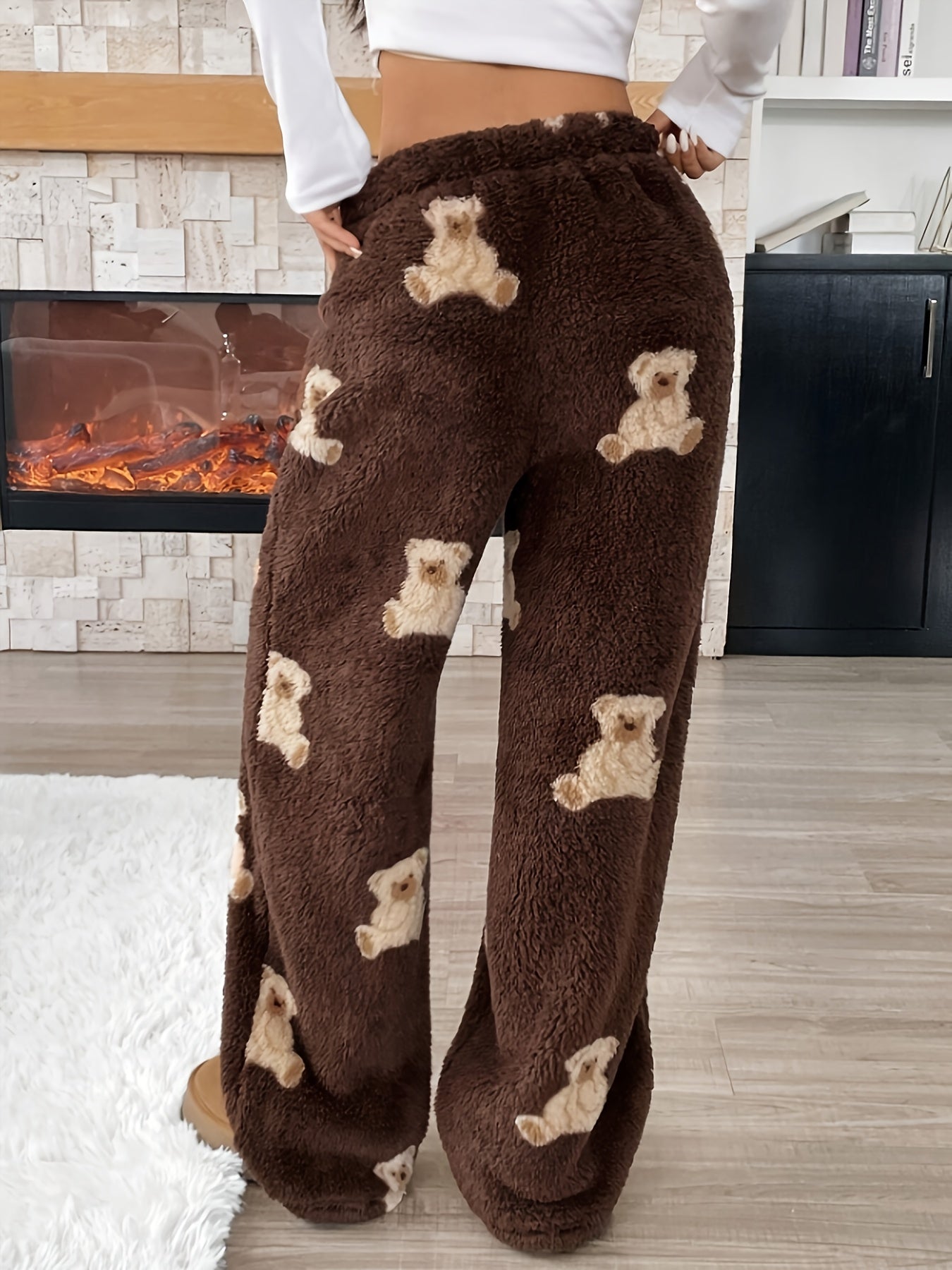 Damen Plüschhose mit Teddybär-Muster, Braun, Weites Bein, Elastischer Bund