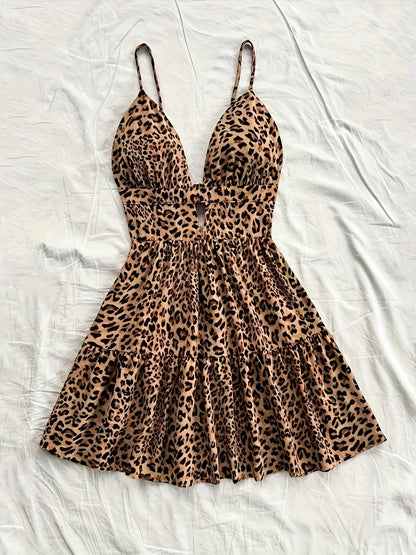 Vestito estivo corto da donna con motivo leopardato e orlo a balze – Abito casual alla moda con spalline sottili e cut-out