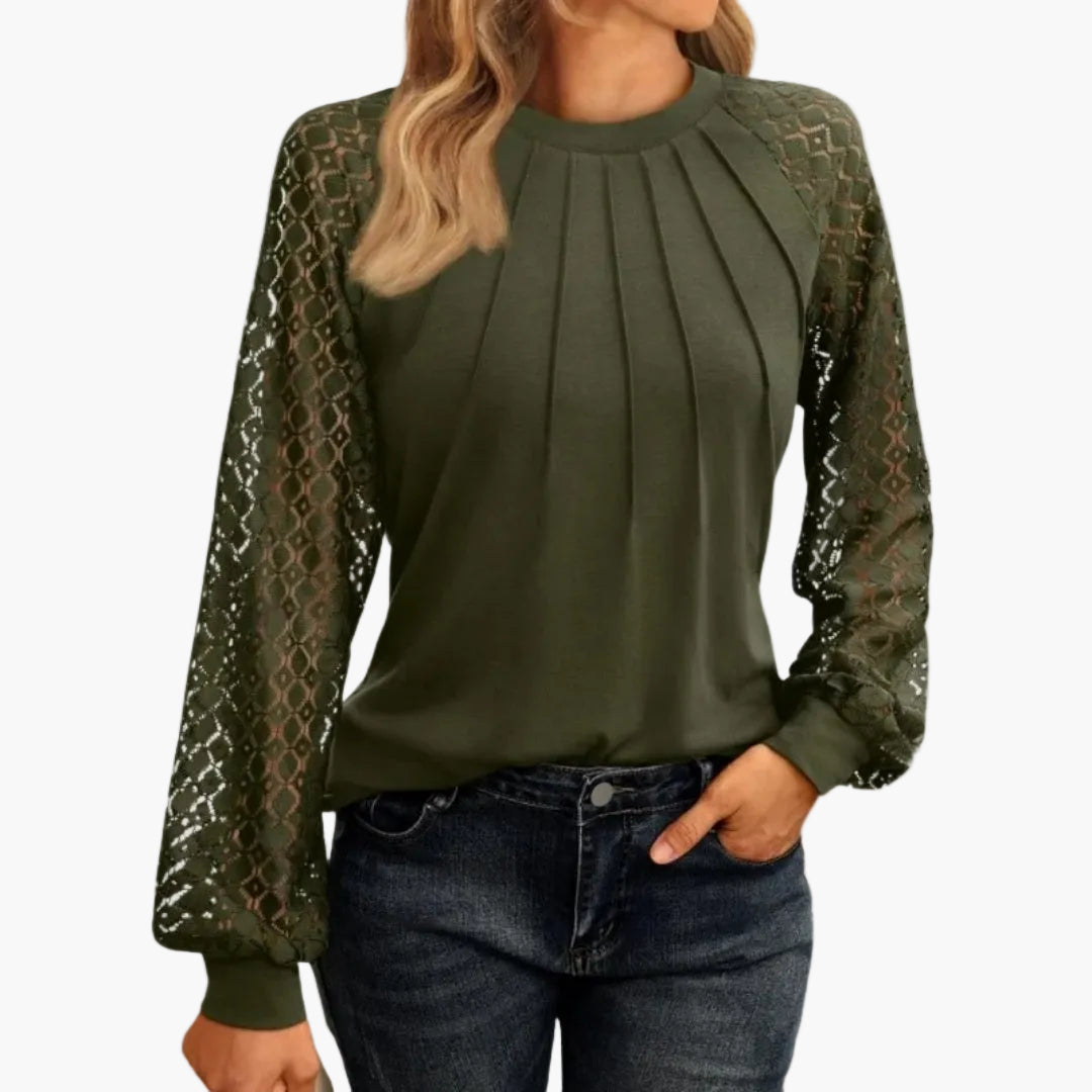 Blusa de manga larga para mujer con mangas de encaje y diseño plisado – Moda casual elegante para el día a día y oficina