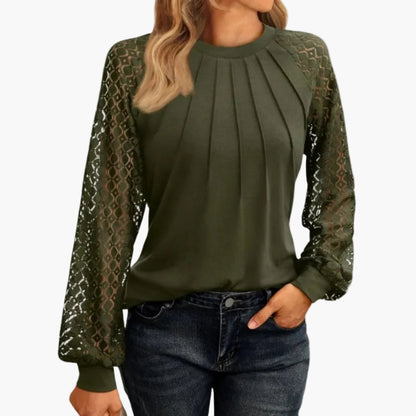 Blusa de manga larga para mujer con mangas de encaje y diseño plisado – Moda casual elegante para el día a día y oficina