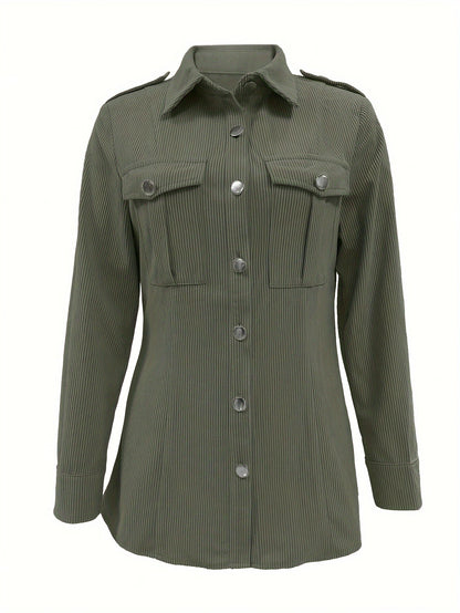Damen Cordhemd Jacke mit Knöpfen und Brusttaschen – Langarm Blusenjacke
