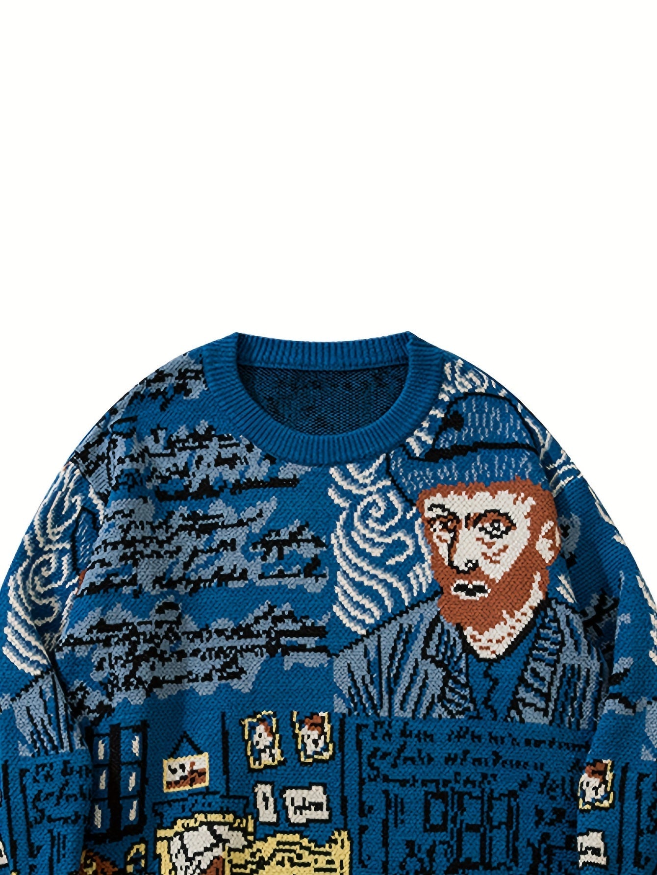 Pullover in maglia con scollo rotondo e motivo artistico blu