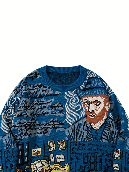 Pullover in maglia con scollo rotondo e motivo artistico blu