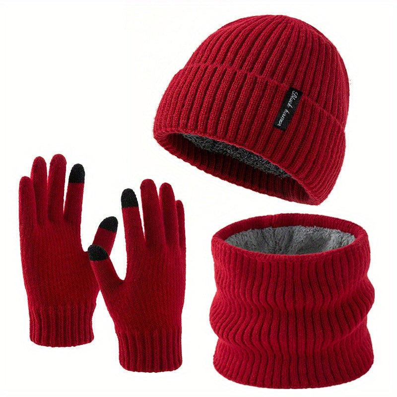 Winterset muts sjaal handschoenen ribbreisel fleecevoering, zwart