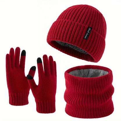 Winterset muts sjaal handschoenen ribbreisel fleecevoering, zwart