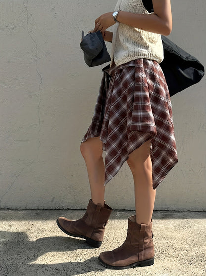 Gonna asimmetrica a quadri da donna in stile camicia per streetwear e tempo libero
