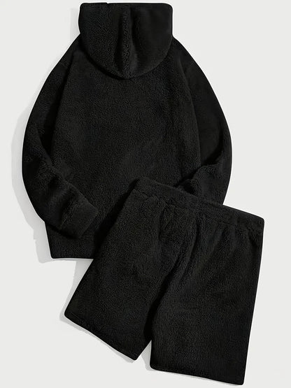 Unisex teddyfleece hoodie- en shortset met capuchon en trekkoord
