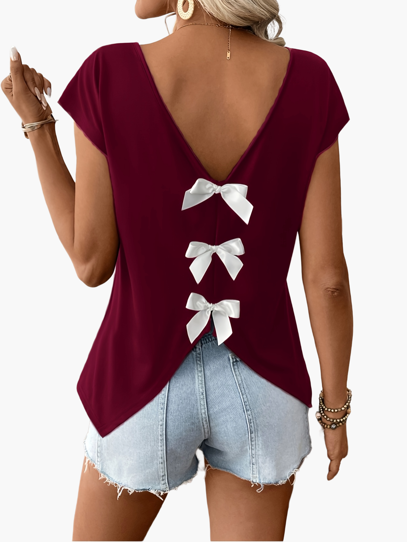 Damen Sommer Top mit Rückenausschnitt und Schleifen, modisches Freizeitshirt für Frühling und Sommer