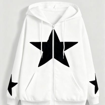 Kapuzenjacke mit Reißverschluss und Sternapplikationen – Lässiger Unisex Hoodie