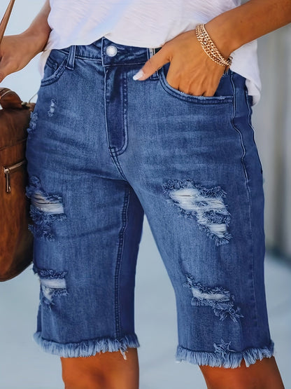 Bermuda jeans da donna effetto usato con frange – Moda estiva alla moda, streetwear e tempo libero