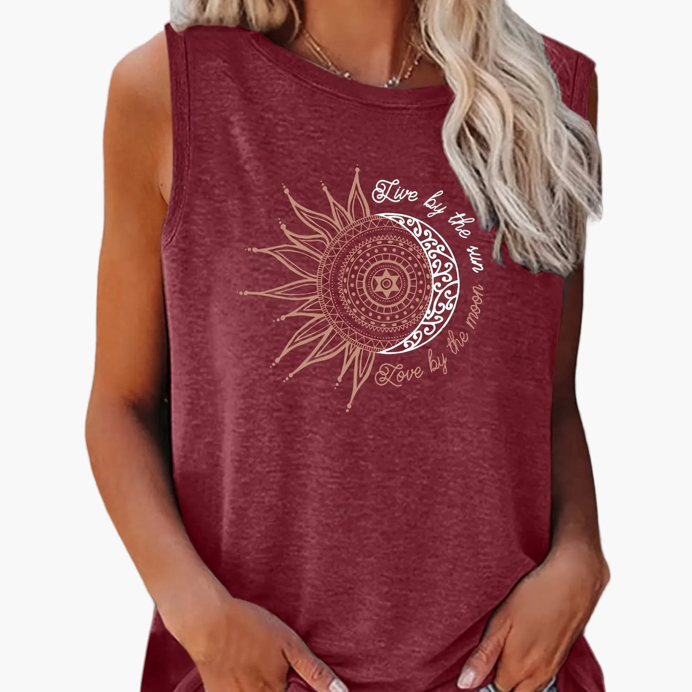 Dames tanktop met mandala zon- en maanprint – boho zomer vrijetijdsshirt