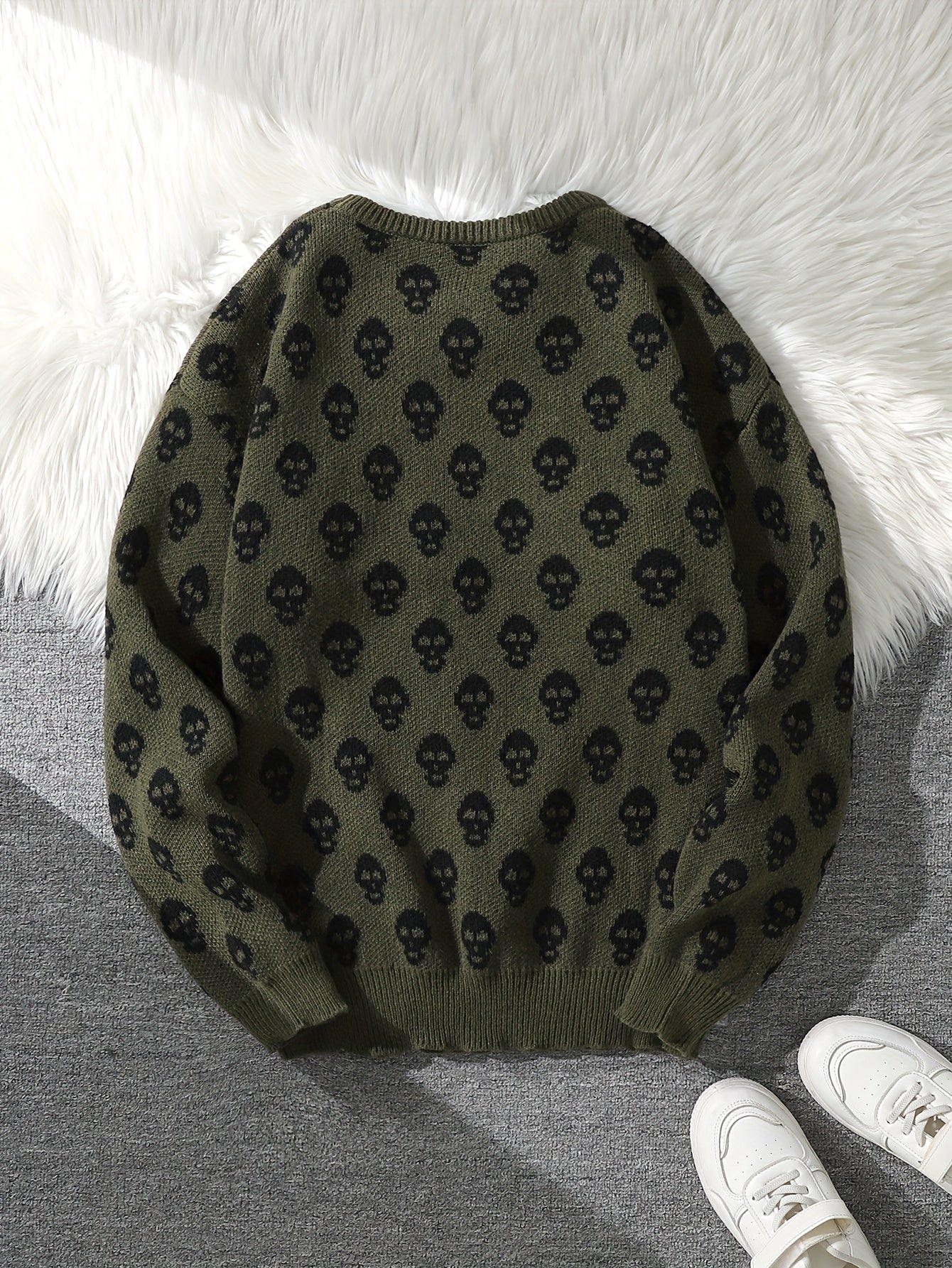 Jersey de punto unisex con cuello redondo, estampado de calavera y manga larga