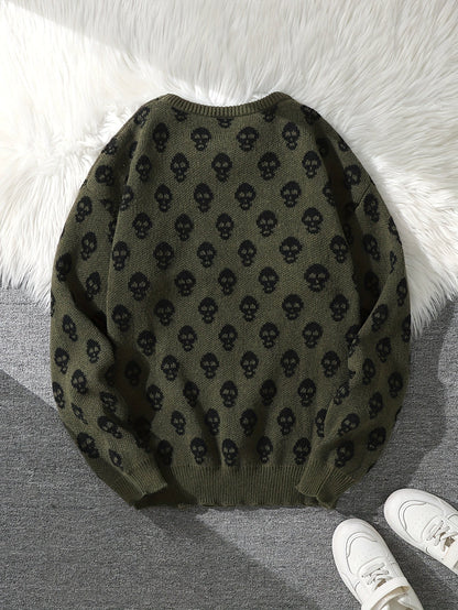 Jersey de punto unisex con cuello redondo, estampado de calavera y manga larga
