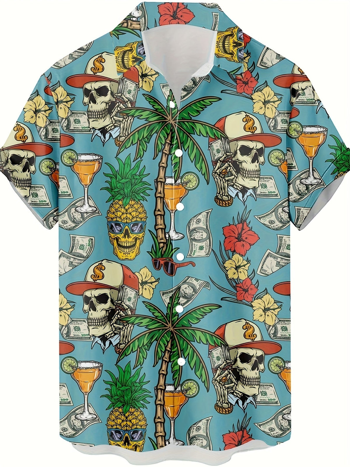 Herren Hawaiihemd mit Totenkopf, Palmen & Geld Print – Extravaganter Sommer- und Party-Look