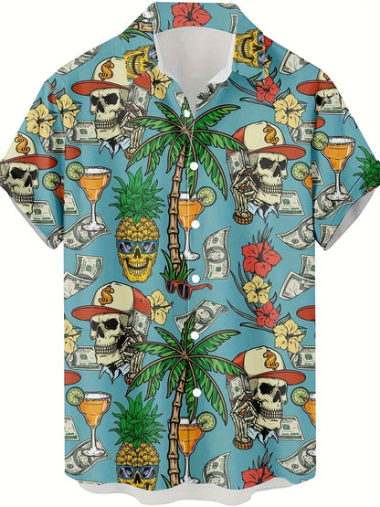 Herren Hawaiihemd mit Totenkopf, Palmen & Geld Print – Extravaganter Sommer- und Party-Look