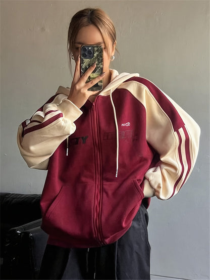 Kapuzenjacke Damen Reißverschluss Zweifarbig Rot Apricot Streifen Oversize