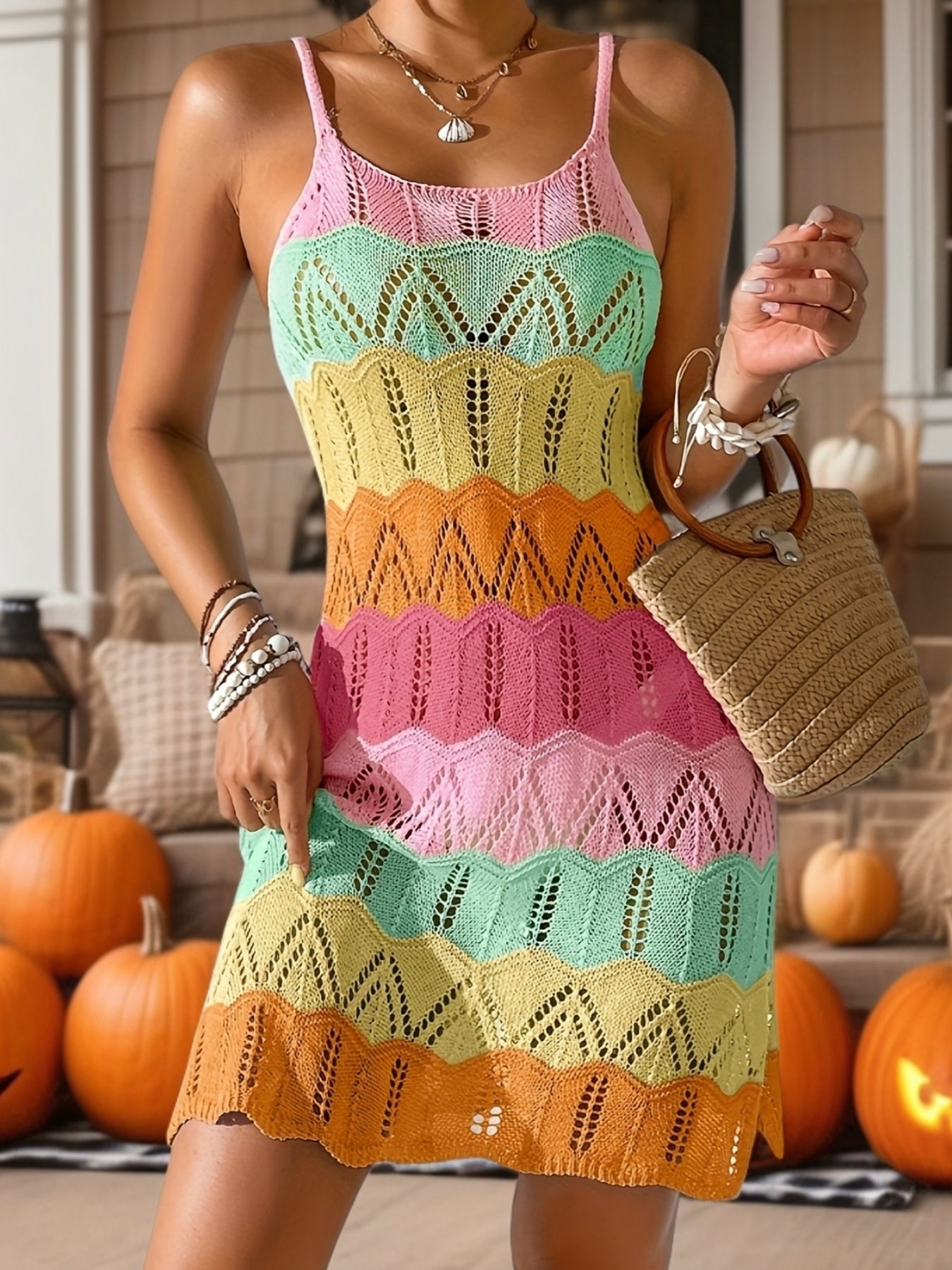 Robe mini tricotée bohème pour femme avec motif chevron – Idéale pour les vacances et l'été