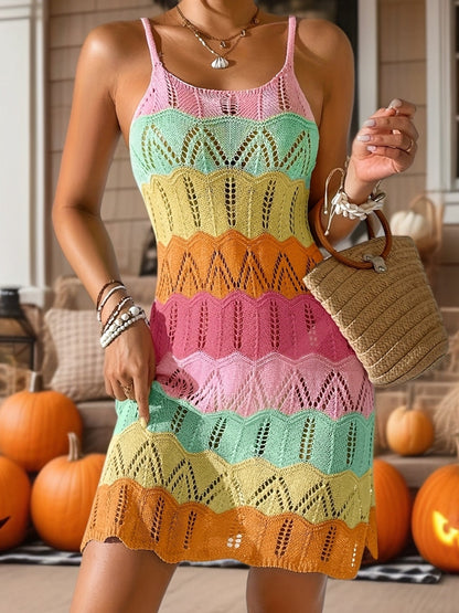 Robe mini tricotée bohème pour femme avec motif chevron – Idéale pour les vacances et l'été