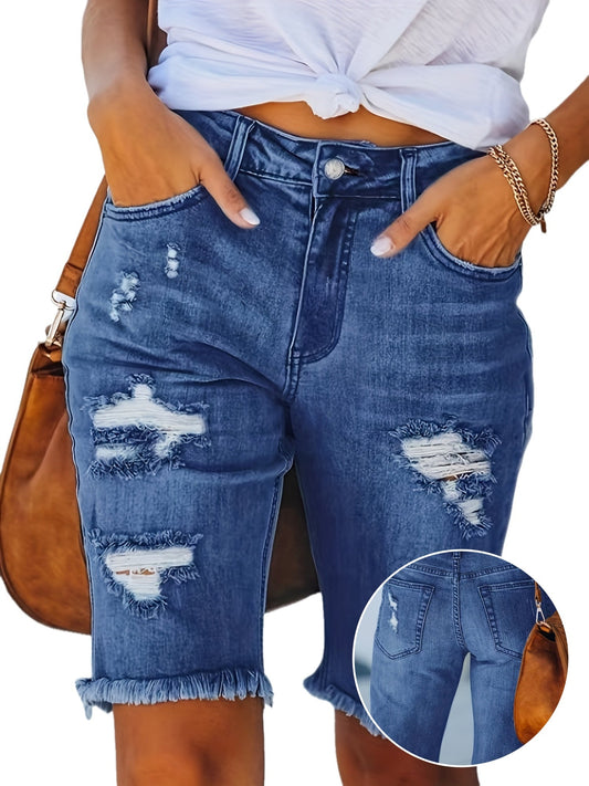 Damen Bermuda Jeans Shorts im Used-Look mit Fransen – Trendige Sommermode, Streetwear & Freizeit