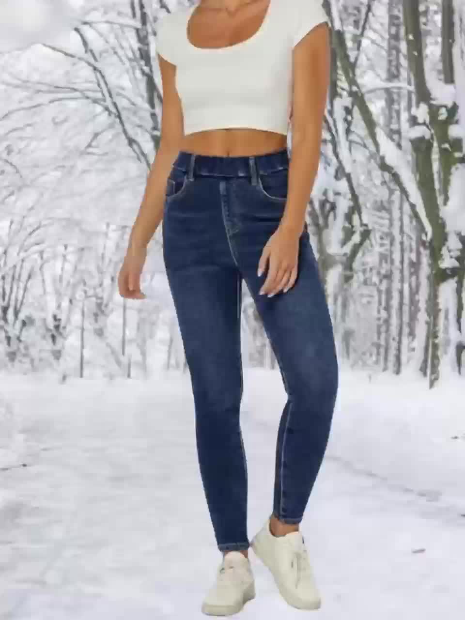 Leggings jeans da donna foderati blu con effetto pile teddy