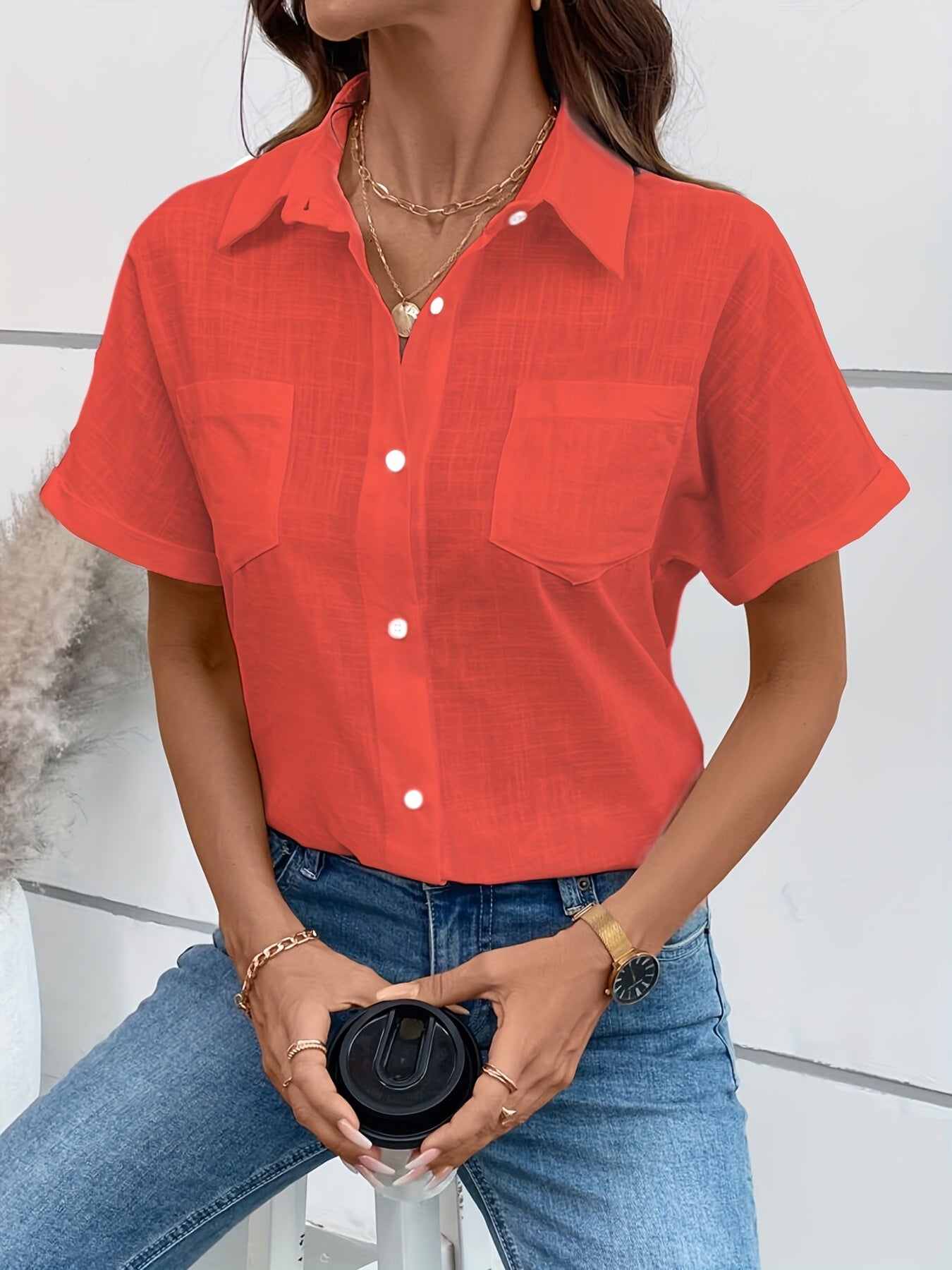 Damen Kurzarm Bluse mit Vogelmotiv – Casual Sommer Hemd mit Brusttasche