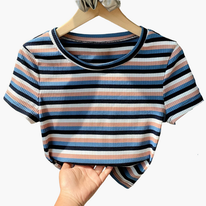 T-shirt donna a maniche corte in maglia a coste con motivo a righe retrò – tempo libero & estate