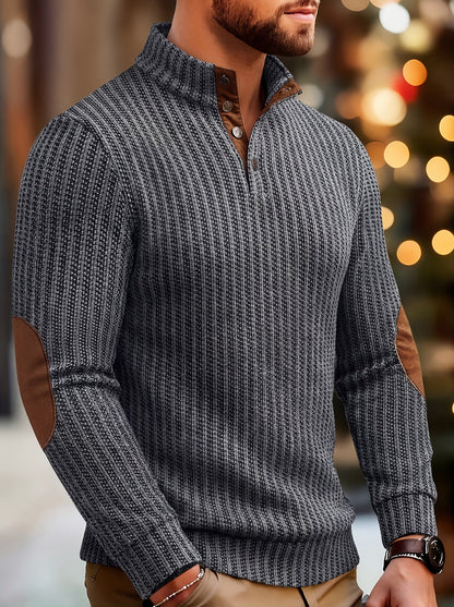 Herren Strickpullover Mock-Neck mit Knopfleiste Ellbogen-Patches Gerippt