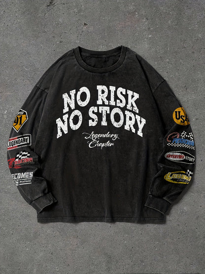 Unisex Langarmshirt Schwarz mit Patches & Print "No Risk No Story"