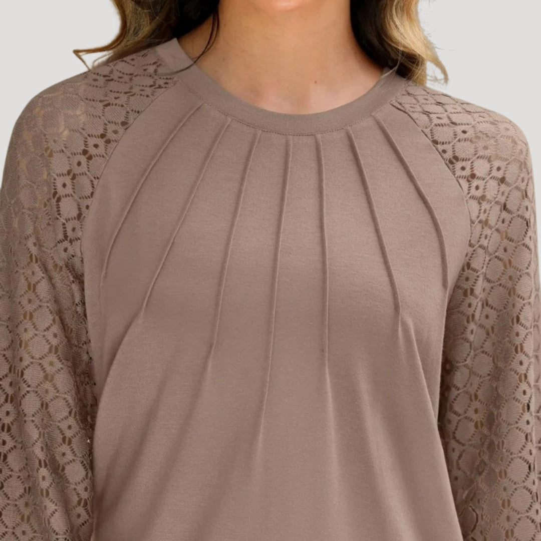 Blusa de manga larga para mujer con mangas de encaje y diseño plisado – Moda casual elegante para el día a día y oficina