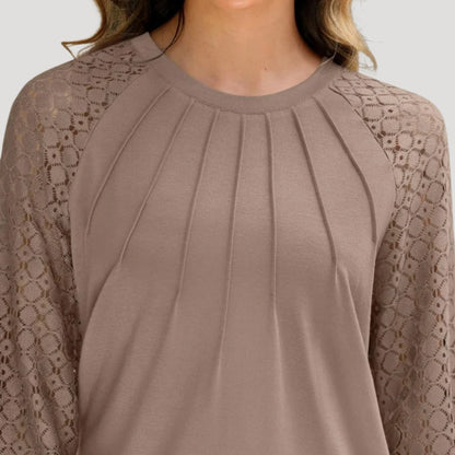 Blusa de manga larga para mujer con mangas de encaje y diseño plisado – Moda casual elegante para el día a día y oficina