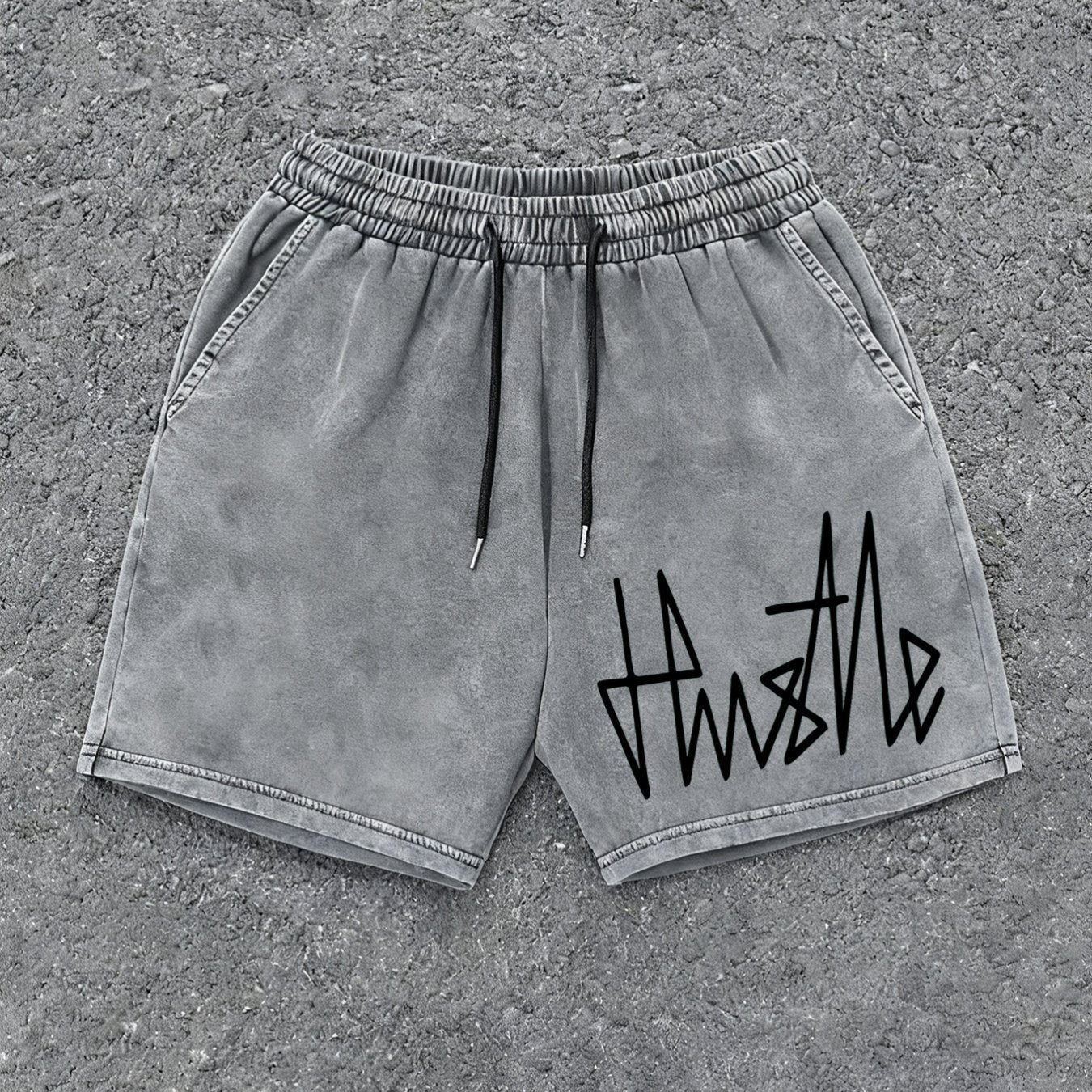 Męskie szorty streetwear z nadrukiem „Hustle” – luźne szorty dresowe na co dzień i na czas wolny