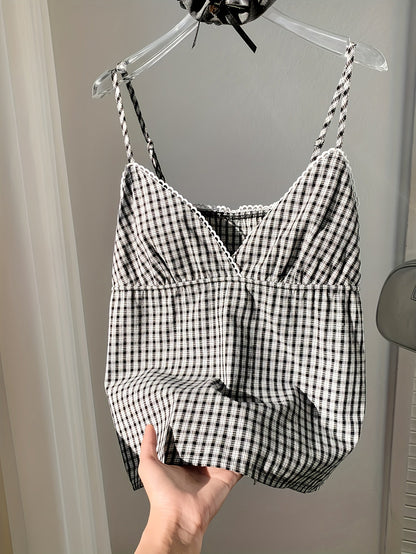 Top de tirantes finos de cuadros para mujer – veraniego, suelto, a la moda para el día a día y las vacaciones