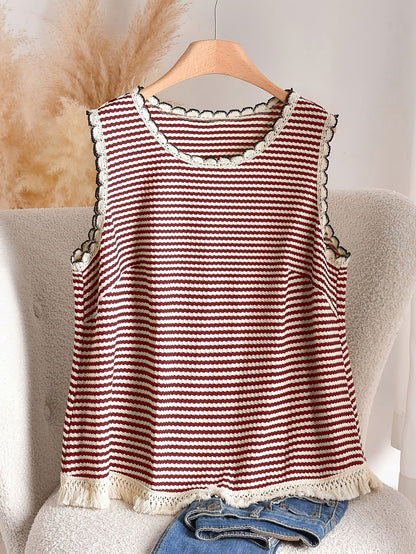 Dame strikket topp i boho-stil med striper og frynser, ermeløs – Perfekt for vår og sommer