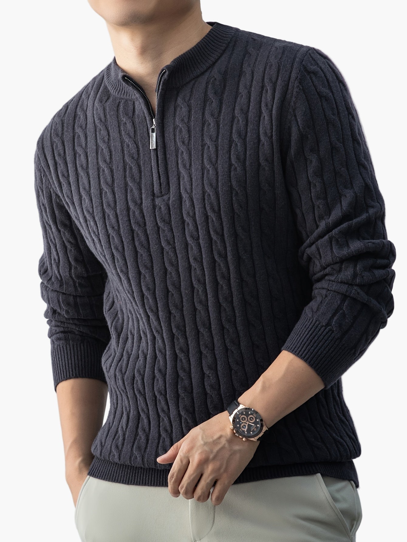 Herren Pullover mit Zopfmuster und Stehkragen – Modischer Strickpullover für Herbst und Winter, Casual Stil