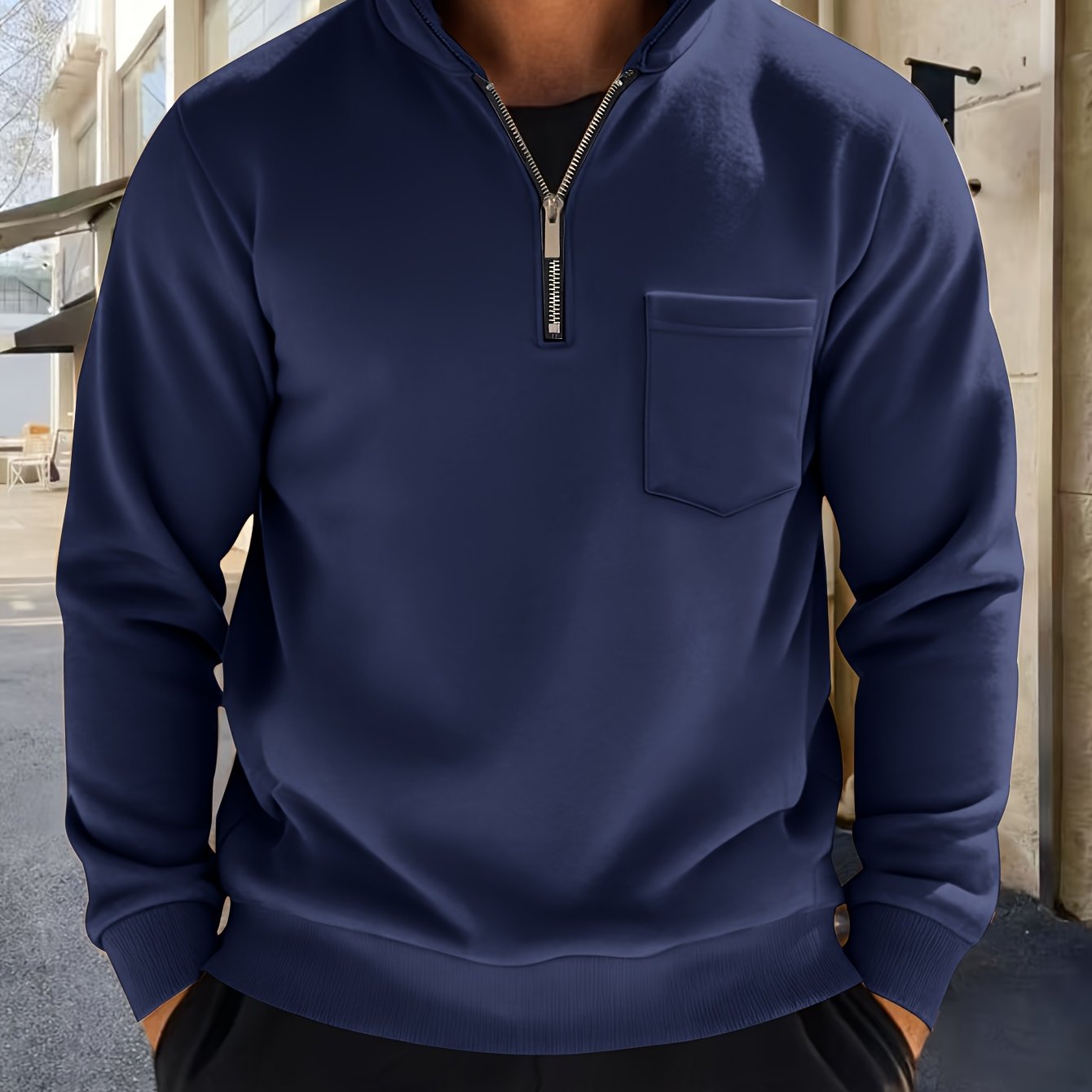Heren-sweatshirt met halve ritssluiting, opstaande kraag en borstzak, donkergrijs