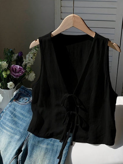 Gilet sans manches pour femme avec détail nœud et encolure en V – couche d'été à la mode pour les loisirs et les vacances