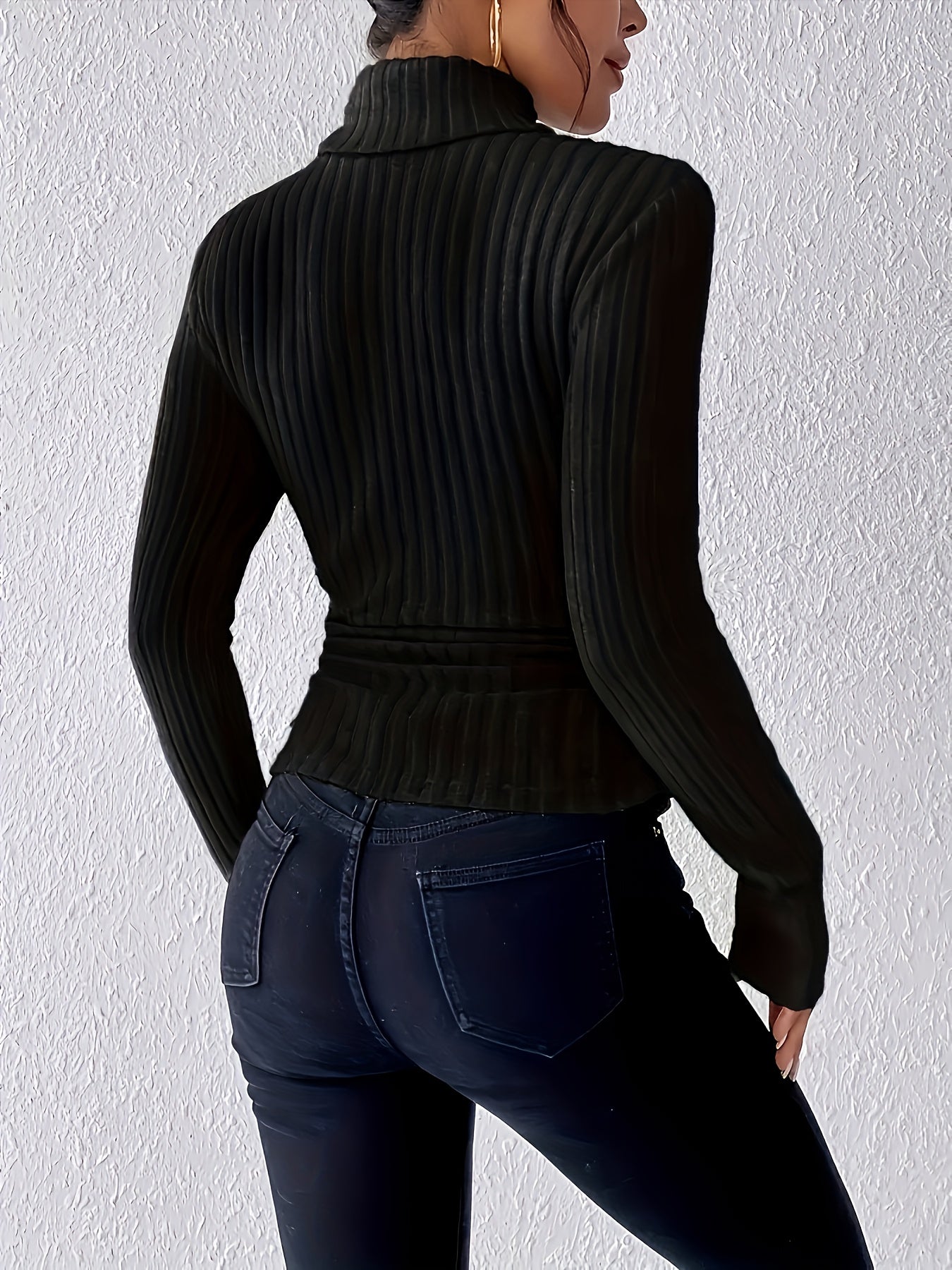Geripptes Damen Rollkragen Langarmshirt Eng Anliegend