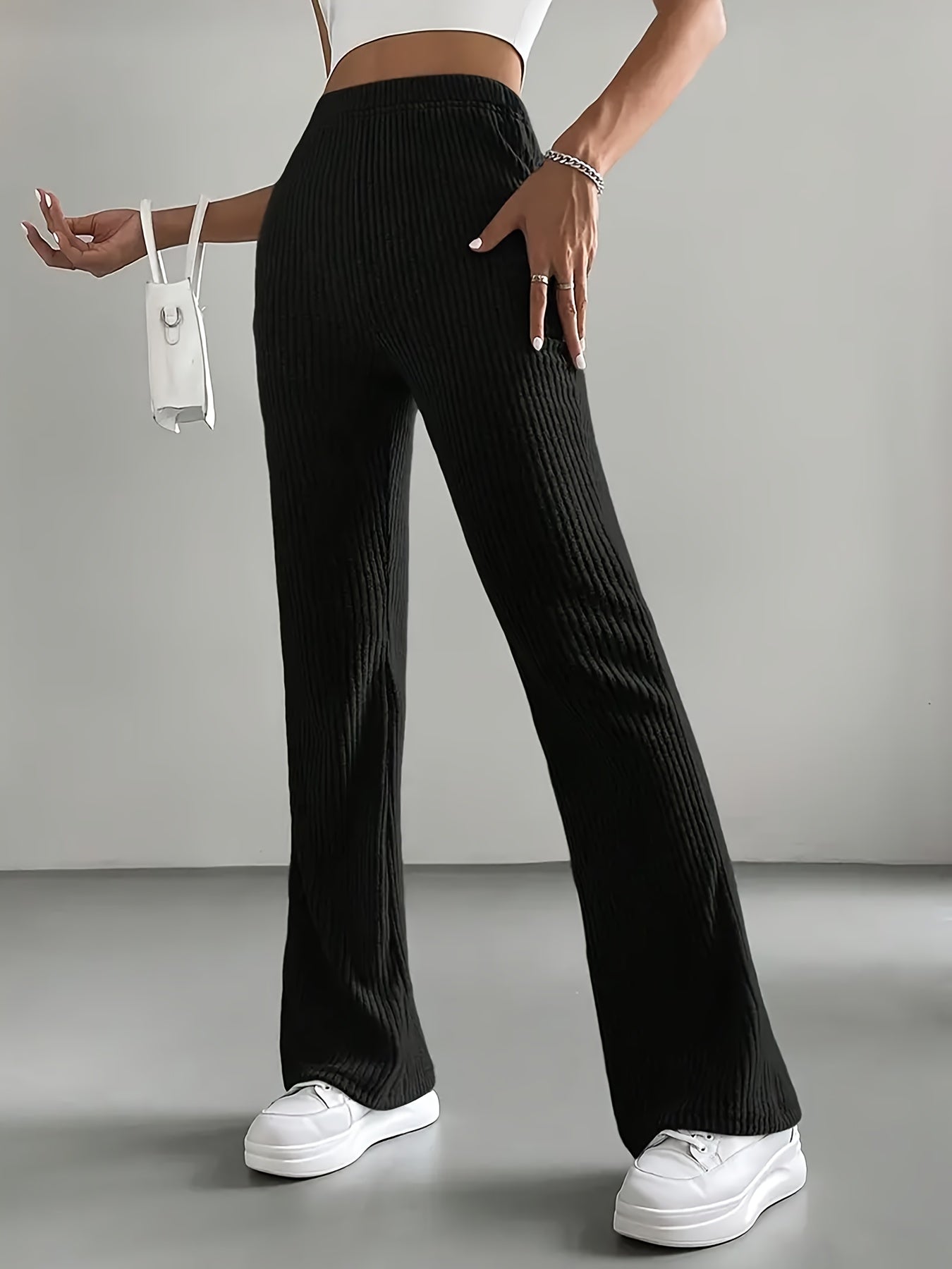 Gerippte Hose Damen High Waist Schlaghose