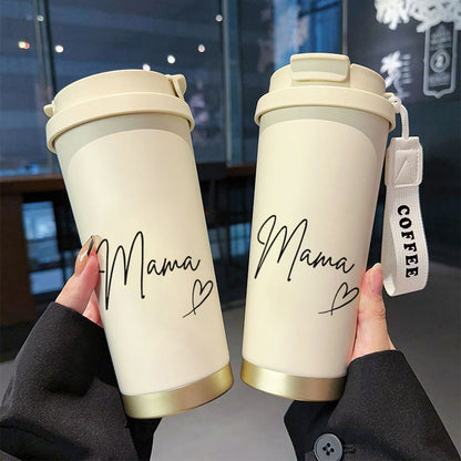 Mama thermobeker dames – stijlvolle reisbeker met opschrift en draaglus, perfect voor koffie & thee onderweg