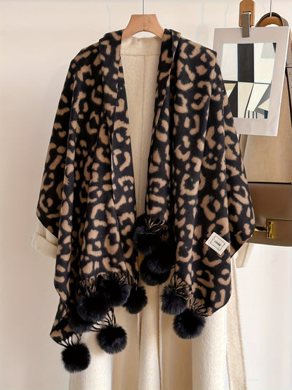 Schal mit Leopardenmuster und Pompons, weiches Material