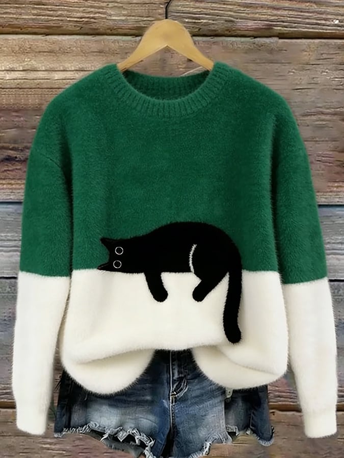Oversized trui voor dames met colorblock-design en kattenmotief