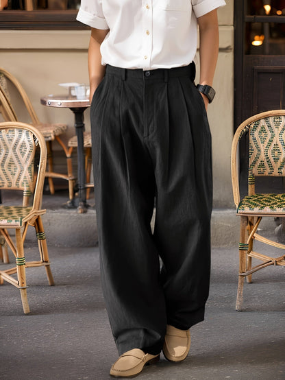 Pantalon plissé à taille large pour homme style vintage – Pantalon élégant pour affaires et loisirs