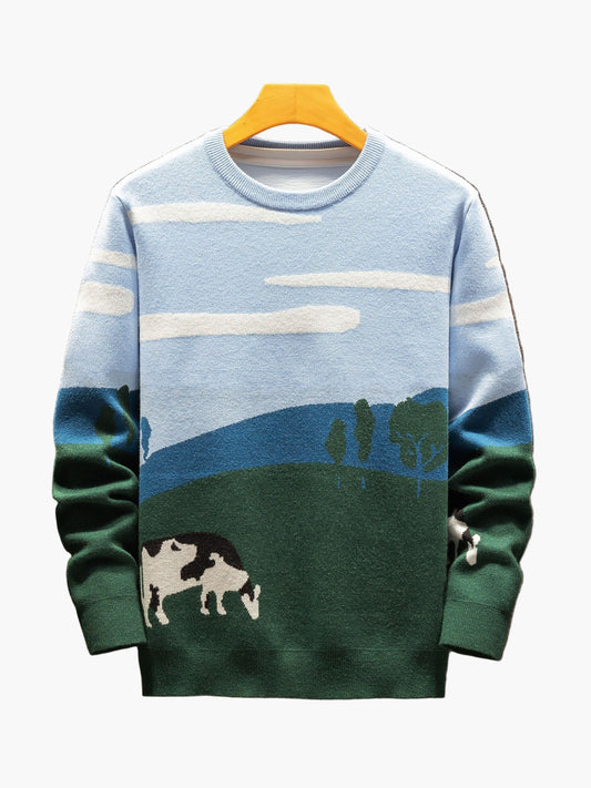 Jersey para hombre con motivo de paisaje y vaca, jersey casual de punto para otoño e invierno