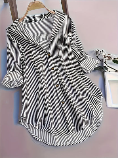 Dame langærmet skjortebluse med striber, afslappet elegant til kontor og hverdag