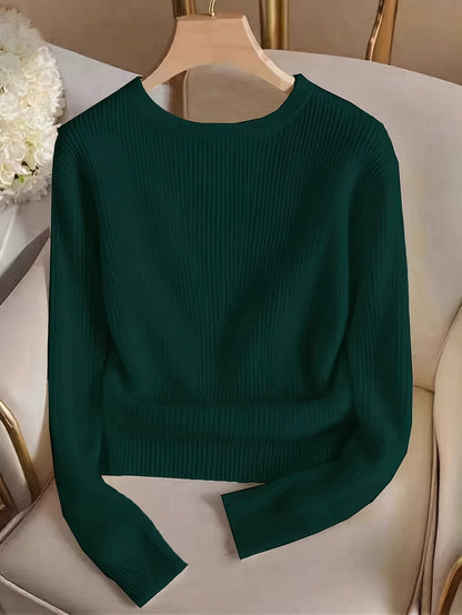 Gerippter Damen Pullover Rundhals Langarm mit Zierknöpfen